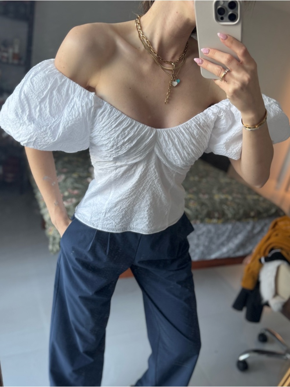 FRAME beautiful 2 way wear top Saint Bernard women puff sleeve shirt white